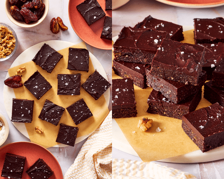 Side-by-side of date brownies chilled and sliced then stacked on top of each other.
