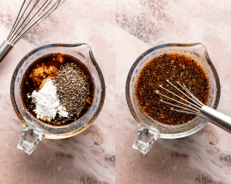 Side-by-side of whisking sauce ingredients together.