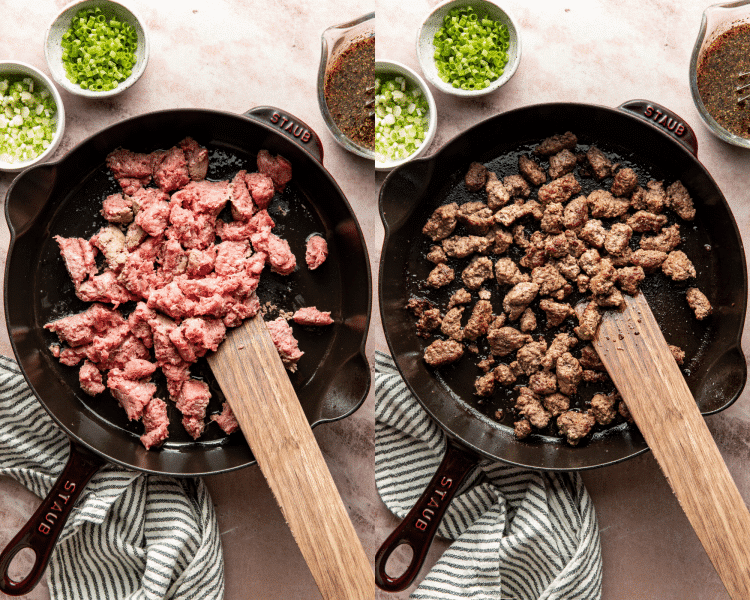 Side-by-side of browning beef in a large skillet.