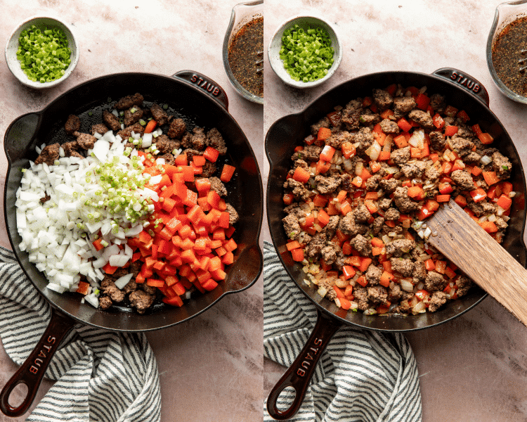 Side-by-side of adding the veggies to the cooked beef and cooking until tender.