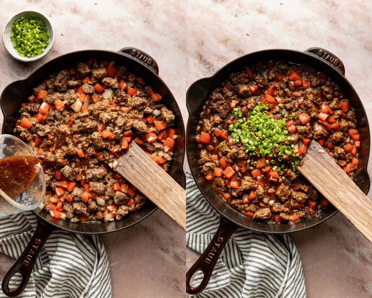 Side-by-side of pouring sauce over beef and vegetables then adding green onions to finish.