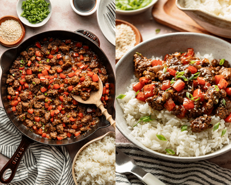 Side-by-side of honey garlic black pepper ground beef cooked in a large skillet then served in a bowl over rice with sesame seeds and green onions.