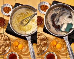 Side-by-side of browning the butter in a small saucepan.