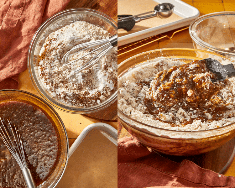 Side-by-side of whisking wet and dry ingredients together to make cookie dough.