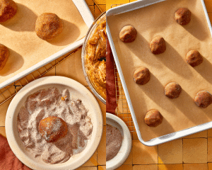 Side-by-side photo of rolling cookie dough balls into cinnamon sugar mixture then placing them on prepared baking sheet.