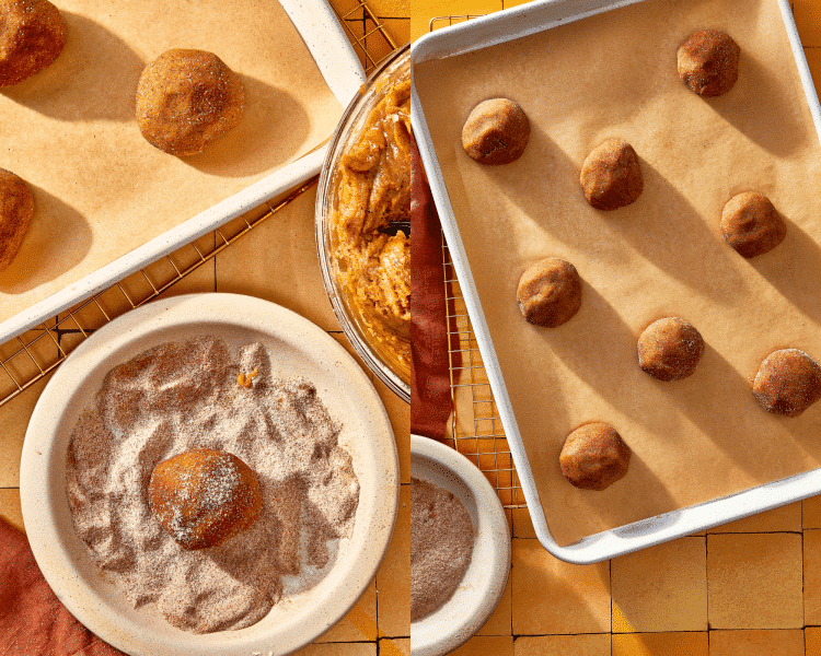 Side-by-side photo of rolling cookie dough balls into cinnamon sugar mixture then placing them on prepared baking sheet.