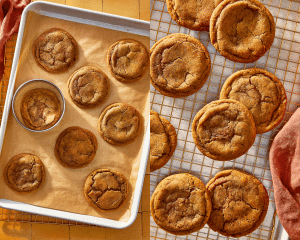 Side-by-side of cooking scooting warm pumpkin butter cookies then letting them cool completely on wire rack.