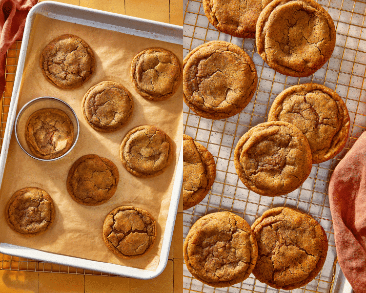 Side-by-side of cooking scooting warm pumpkin butter cookies then letting them cool completely on wire rack.