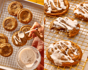 Side-by-side of adding pumpkin spice glaze to pumpkin butter cookies and letting them set on wire rack.