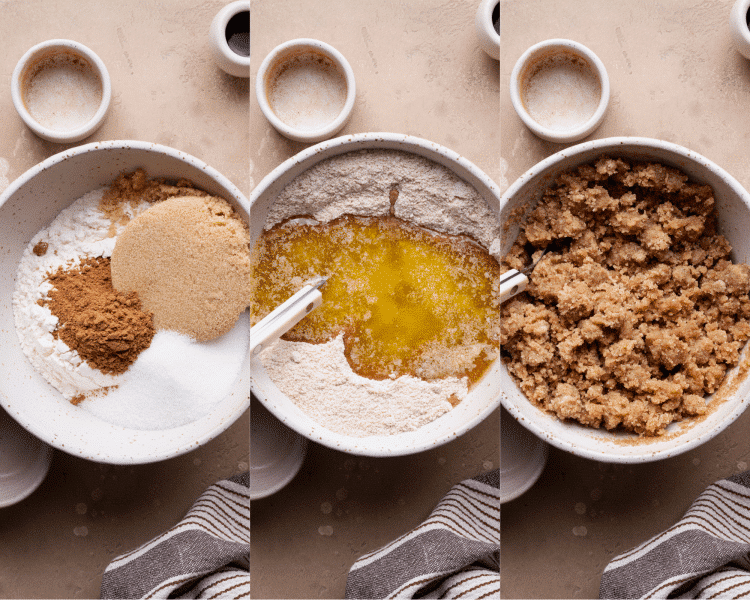 Three images side-by-side of mixing all the streusel ingredients together.