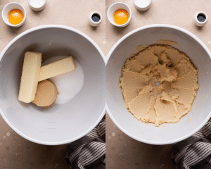 Side-by-side of creaming butter and sugar together.