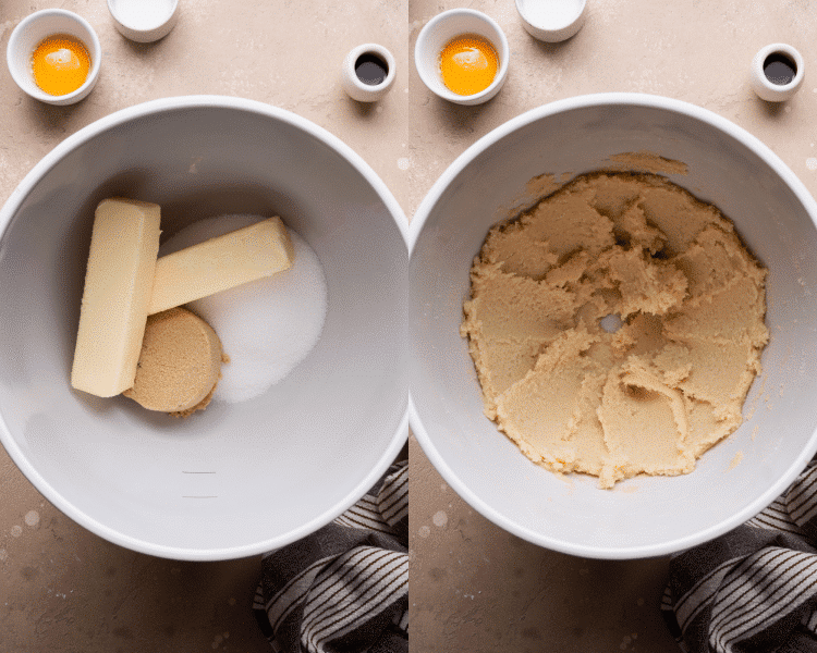 Side-by-side of creaming butter and sugar together.