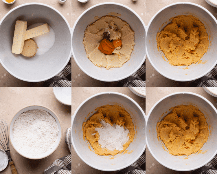 Six images showing how to make pumpkin coffee cake cookie dough.