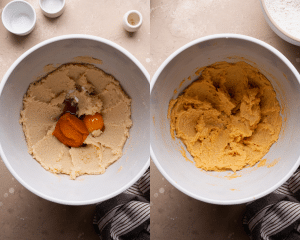 Side-by-side of adding the wet ingredients to the creamed butter and sugar.