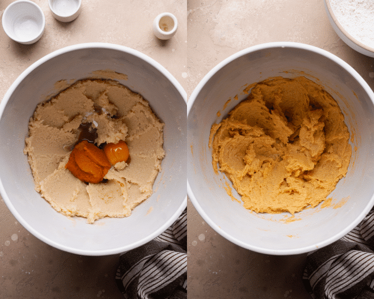 Side-by-side of adding the wet ingredients to the creamed butter and sugar.