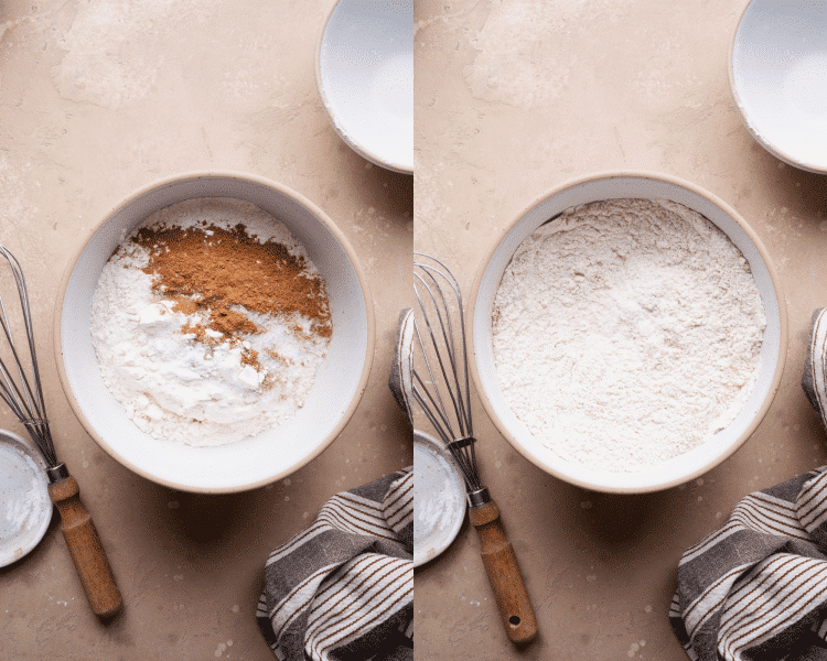 Side-by-side of whisking all the dry ingredients together in a separate bowl.