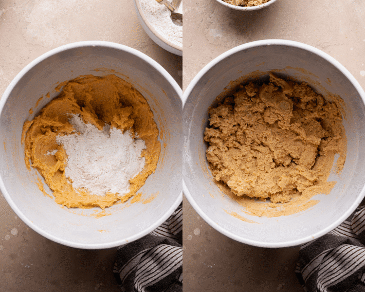 Side-by-side of mixing the wet and dry ingredients together to form cookie dough.