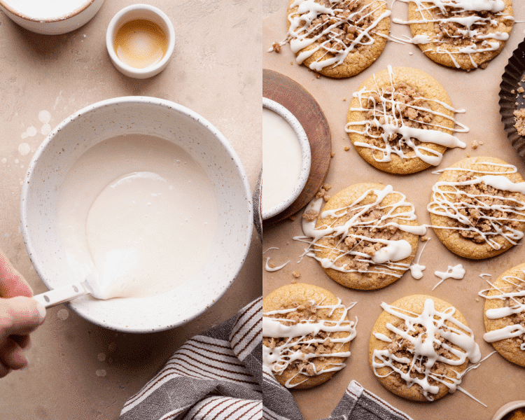 Side-by-side of mixing ingredients for glaze together in a bowl them drizzling over top of cooled cookies.