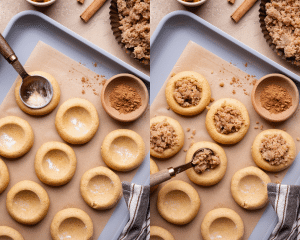Side-by-side of using the back of a spoon to press an indent into the rolled cookies then filling with streusel topping.