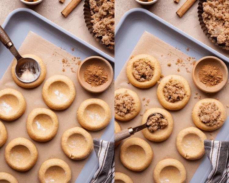 Side-by-side of using the back of a spoon to press an indent into the rolled cookies then filling with streusel topping.