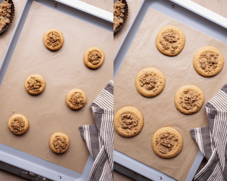 Side-by-side of placing six pumpkin coffee cake cookies on baking tray then baking for 8-10 minutes.