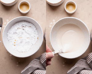 Side-by-side photo of whisking together the ingredients for the maple glaze in a small bowl.