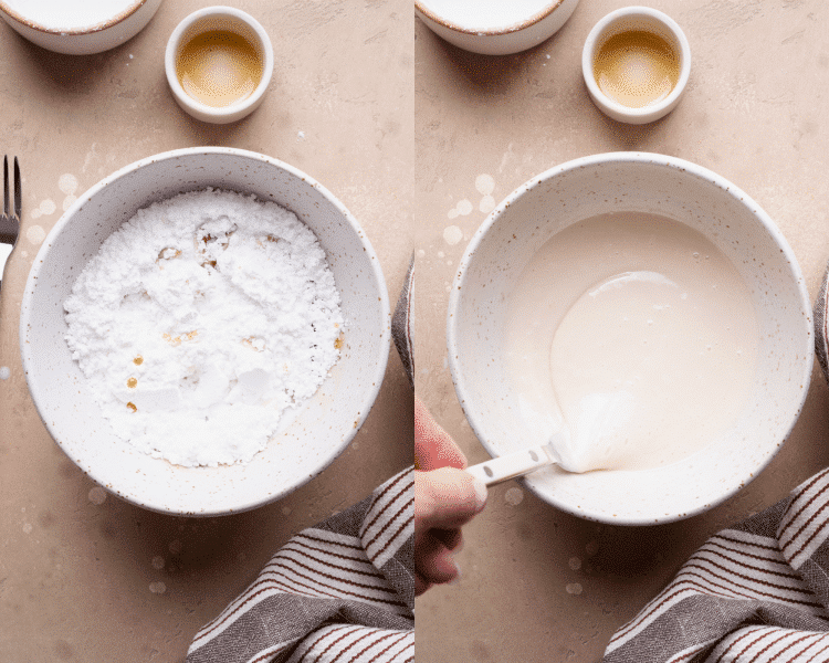 Side-by-side photo of whisking together the ingredients for the maple glaze in a small bowl.