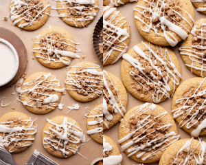 Pumpkin coffee cake cookies drizzled with maple glaze after cooling completely after baking.