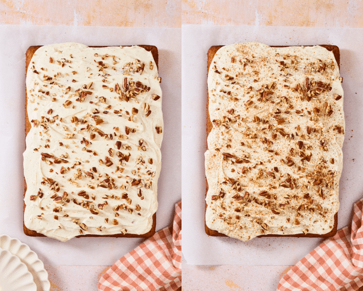 Side-by-side of adding toppings to the frosted pumpkin spice cake.