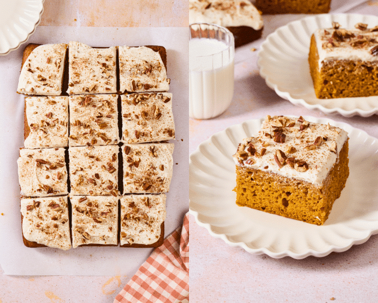 Side-by-side photo of slicing the pumpkin spice cake then serving a piece on a plate.