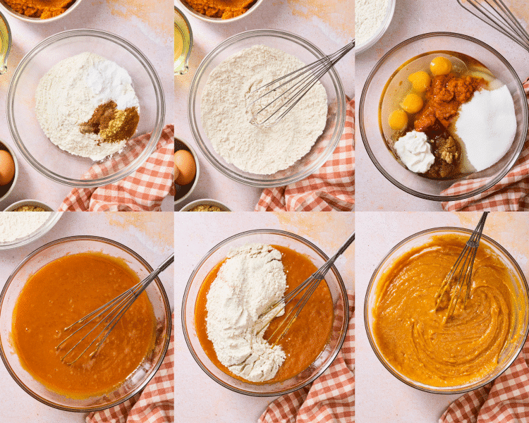 Six images of mixing all the cake batter ingredients together.