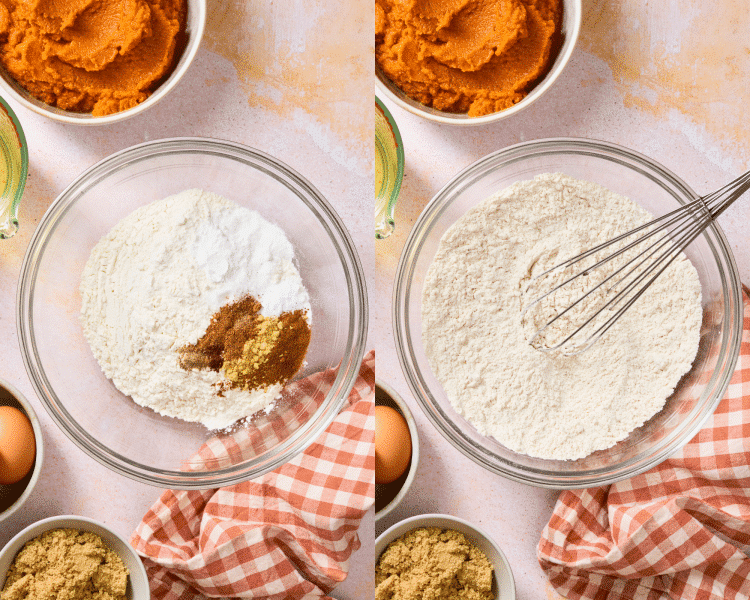 Side-by-side of whisking the dry ingredients together.