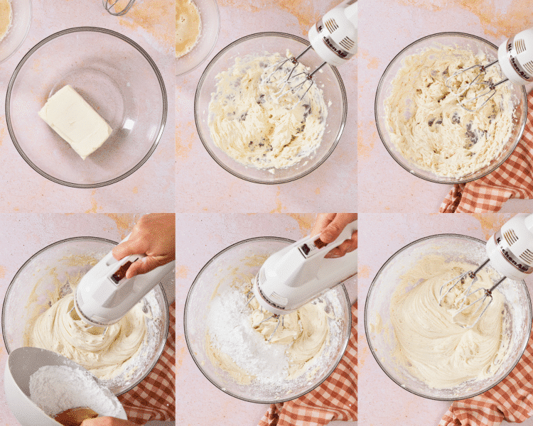 Six images showing how to make the brown butter frosting.