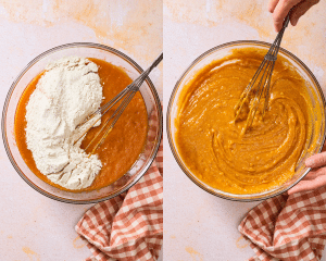 Side-by-side of adding the dry ingredients to the wet and mixing until just combined.