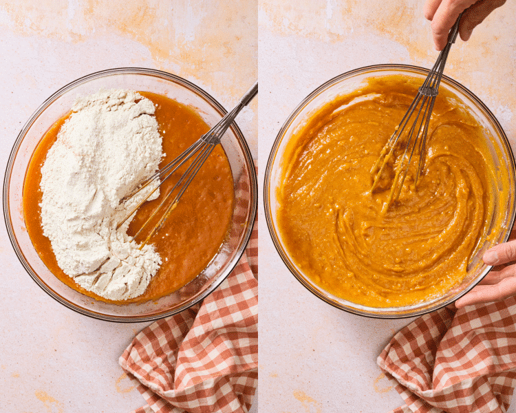 Side-by-side of adding the dry ingredients to the wet and mixing until just combined.