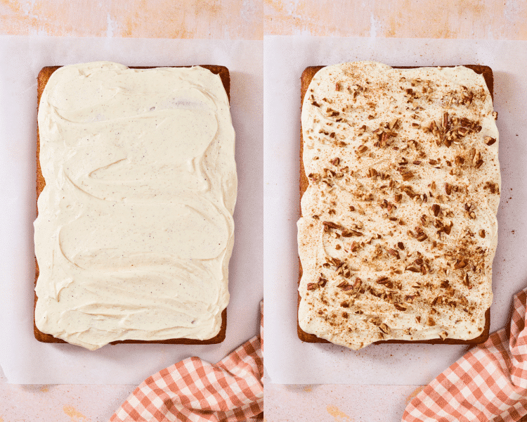Side-by-side of spreading the frosting on top of the cooled cake then adding the toppings.
