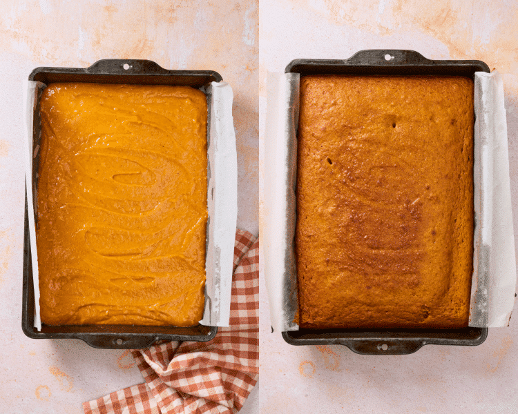 Side-by-side of pouring the cake batter into the prepared pan then baking for 28-35 minutes.