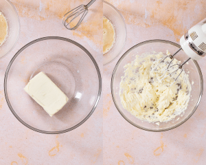 Side-by-side photo of beating the softened cream cheese with a hand mixer.
