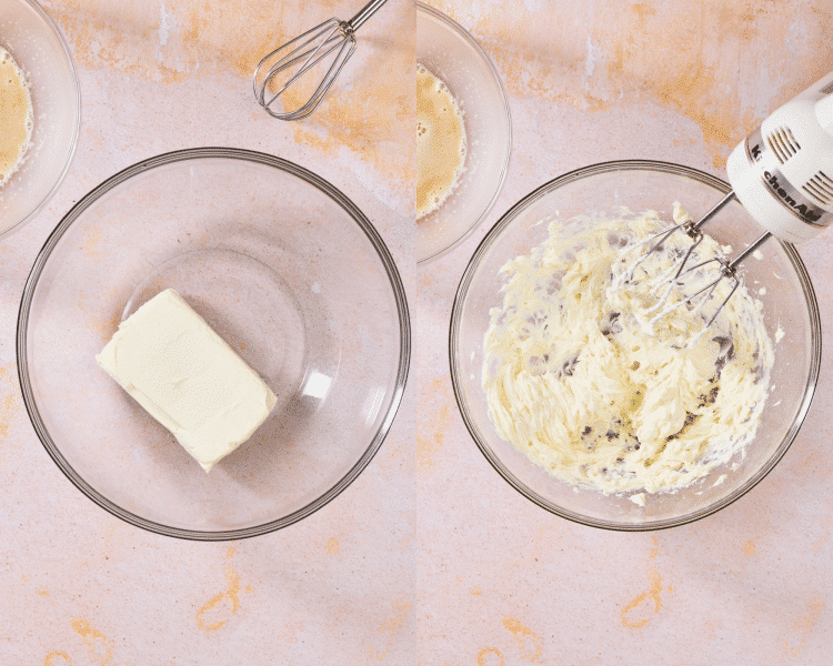 Side-by-side photo of beating the softened cream cheese with a hand mixer.