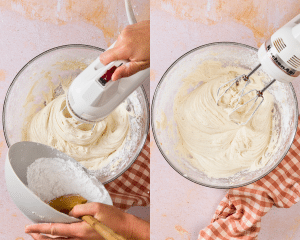 Side-by-side image of adding in the remaining frosting ingredient and beating until light and fluffy.