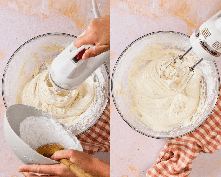 Side-by-side image of adding in the remaining frosting ingredient and beating until light and fluffy.