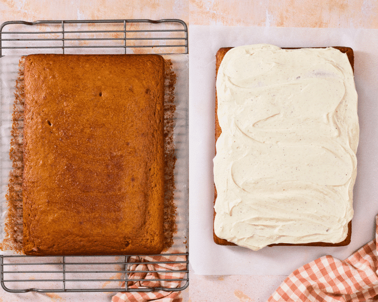 Side-by-side of cake cooling on a wire rack then spreading the brown butter frosting evenly over the top.