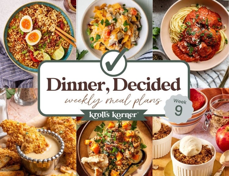 Dinner, Decided Week 9 weekly meal plan featuring six cozy recipes: beef ramen, hash brown chicken casserole, spaghetti and meatballs, cornflake chicken tenders, creamy harvest soup, and individual apple crisp.