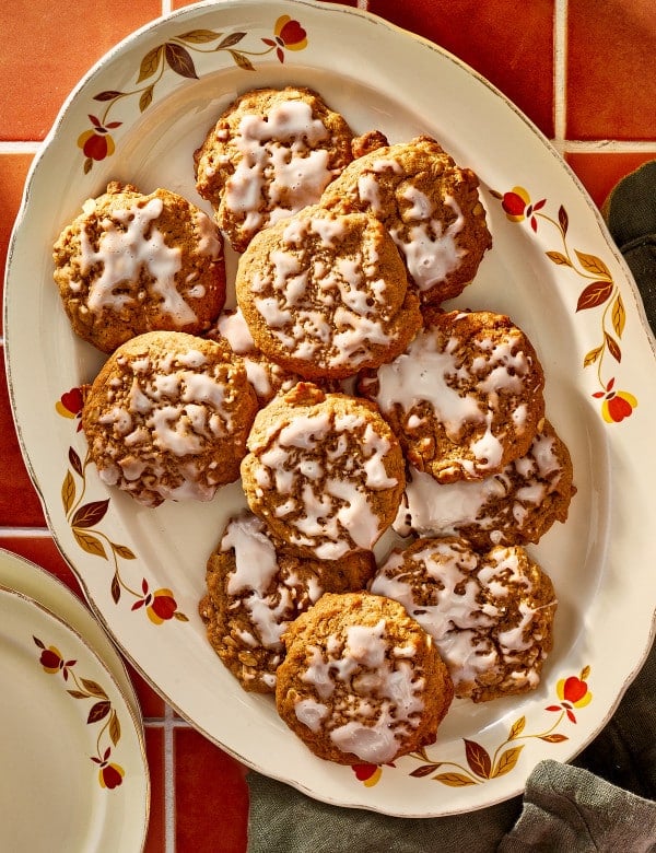 Plate of pumpkin iced oatmeal cookies.