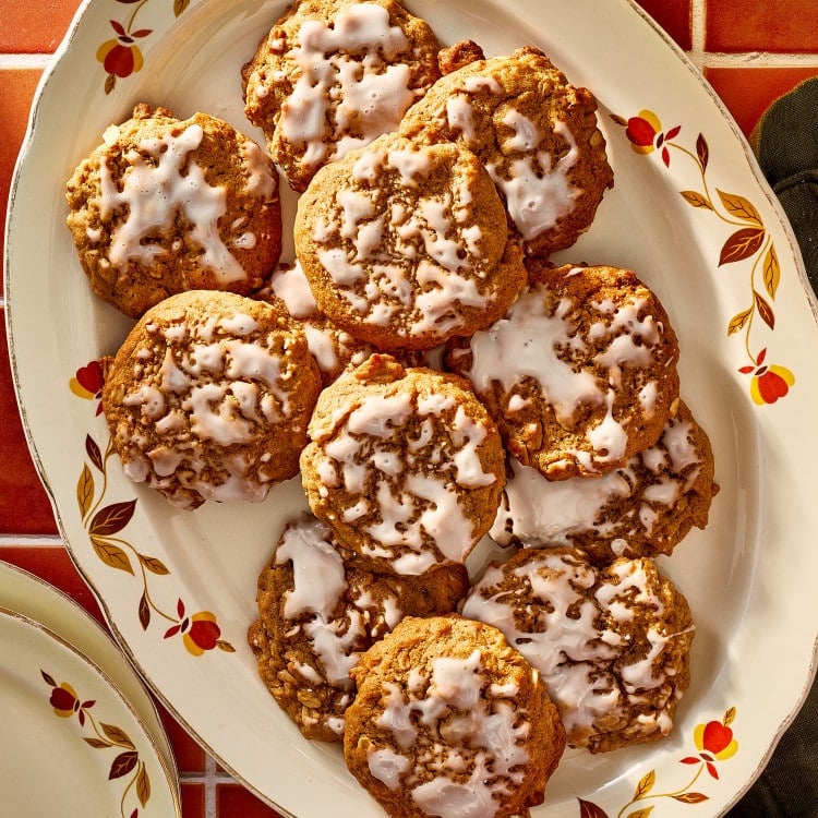 Plate of pumpkin iced oatmeal cookies.