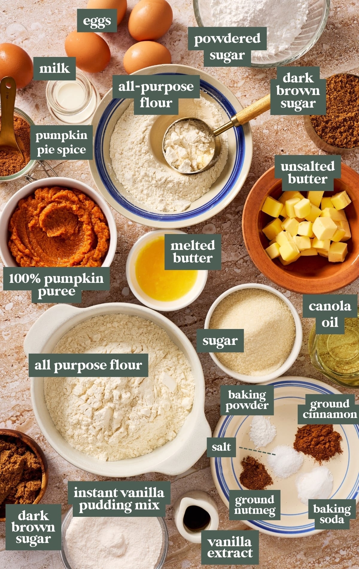 Ingredients for Pumpkin Streusel Bread arranged in bowls, including pumpkin puree, flour, eggs, brown sugar, butter, pumpkin pie spice, vanilla pudding mix, and powdered sugar.