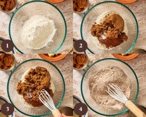 Four step-by-step photos showing flour, brown sugar, pumpkin pie spice, cinnamon, and salt being combined and whisked together for pumpkin streusel.