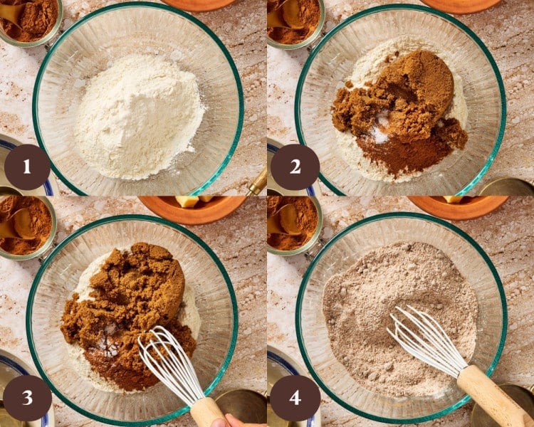Four step-by-step photos showing flour, brown sugar, pumpkin pie spice, cinnamon, and salt being combined and whisked together for pumpkin streusel.