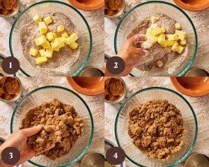 Four step-by-step photos showing cold cubed butter being worked into the brown sugar and flour mixture until large buttery streusel crumbles form.