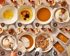 Eight step-by-step photos showing the pumpkin bread batter being made, from beating the eggs and adding pumpkin to combining the wet and dry ingredients and dividing the batter between loaf pans.